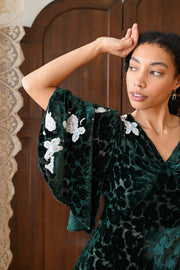 Demetra's Emerald Silk Devore Lace Appliqué Dress
