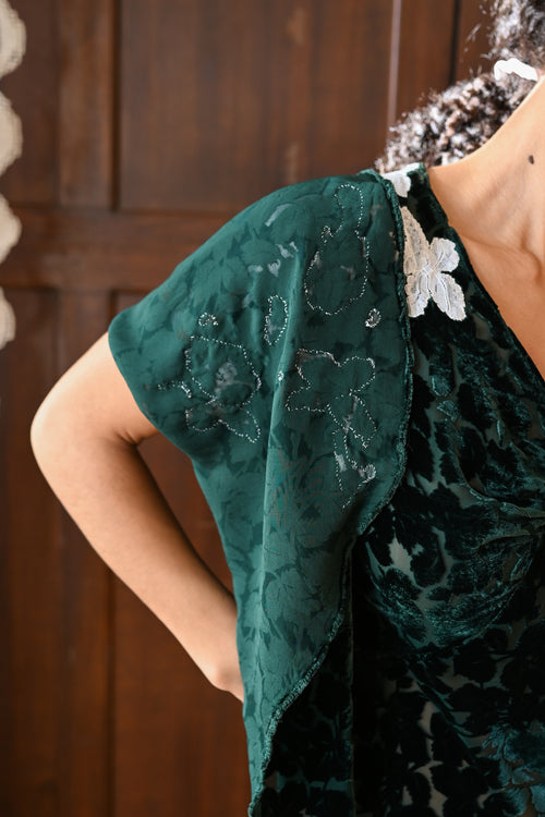 Demetra's Emerald Silk Devore Lace Appliqué Dress