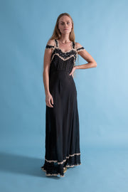 1930s Black Silk Gown with Blue Embroidery [xs/sm/med]