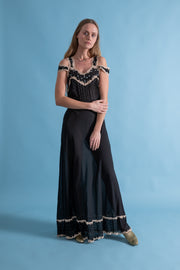 1930s Black Silk Gown with Blue Embroidery [xs/sm/med]