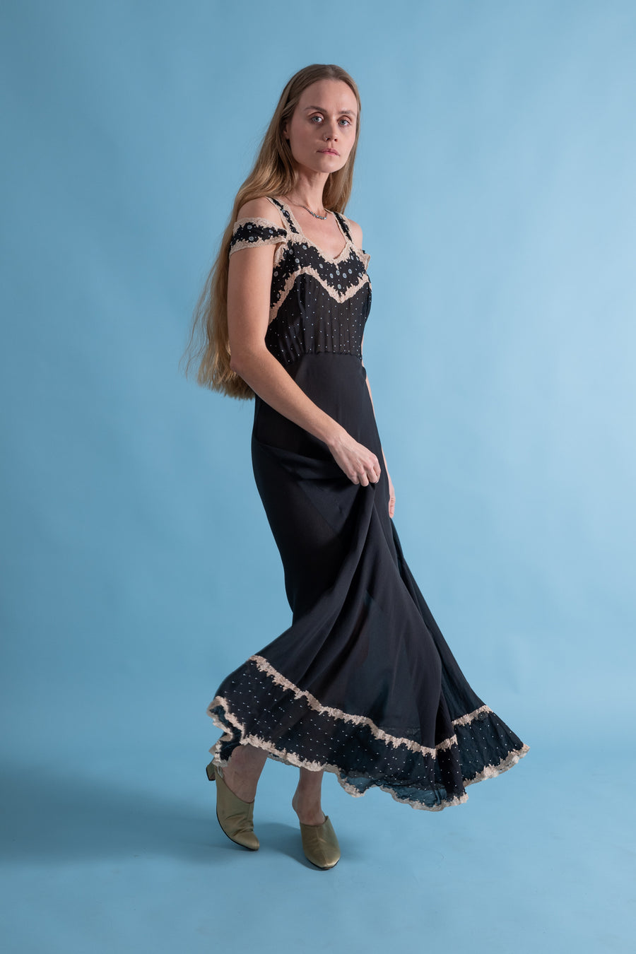 1930s Black Silk Gown with Blue Embroidery [xs/sm/med]