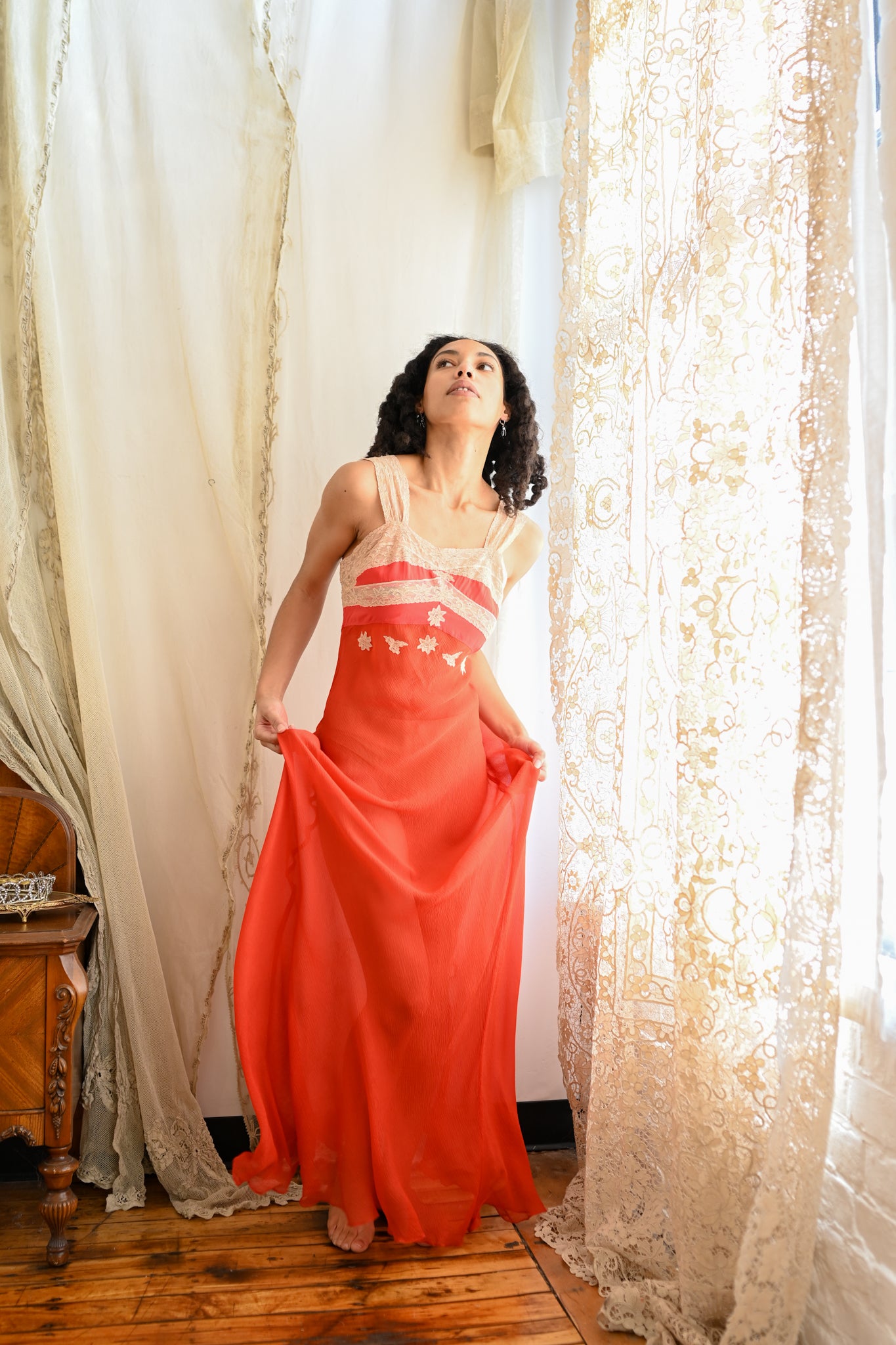 1930s Crimson Crinkle Silk Chiffon Appliqué Gown