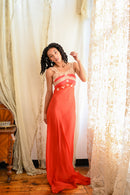 1930s Crimson Crinkle Silk Chiffon Appliqué Gown