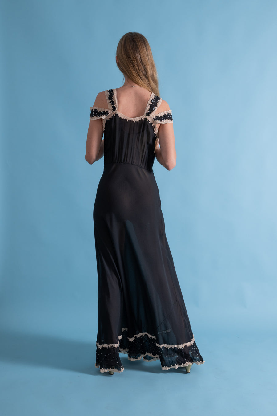 1930s Black Silk Gown with Blue Embroidery [xs/sm/med]