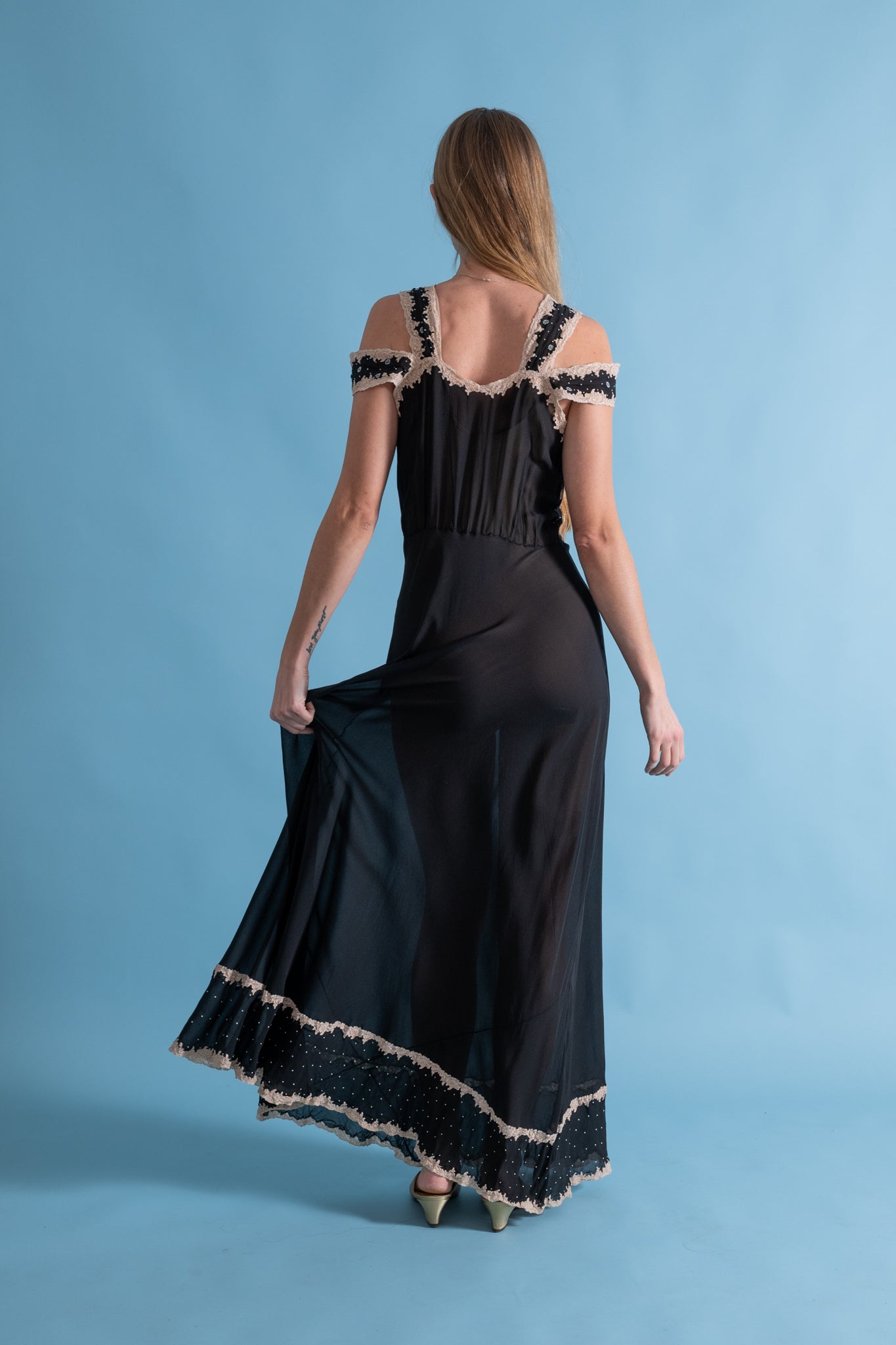1930s Black Silk Gown with Blue Embroidery [xs/sm/med] – Demetra Vintage
