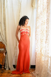 1930s Crimson Crinkle Silk Chiffon Appliqué Gown