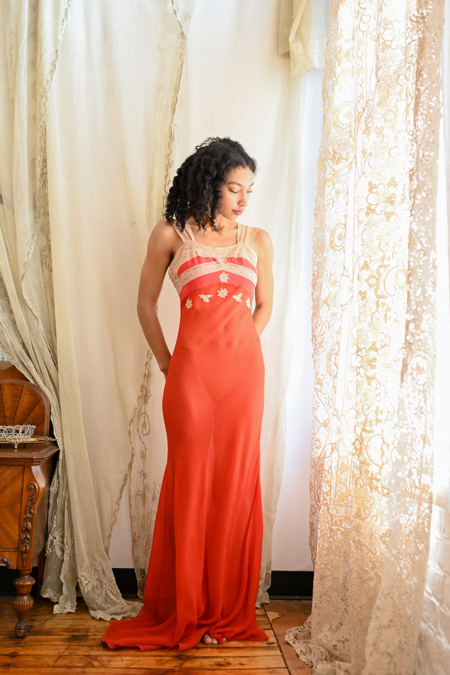 1930s Crimson Crinkle Silk Chiffon Appliqué Gown