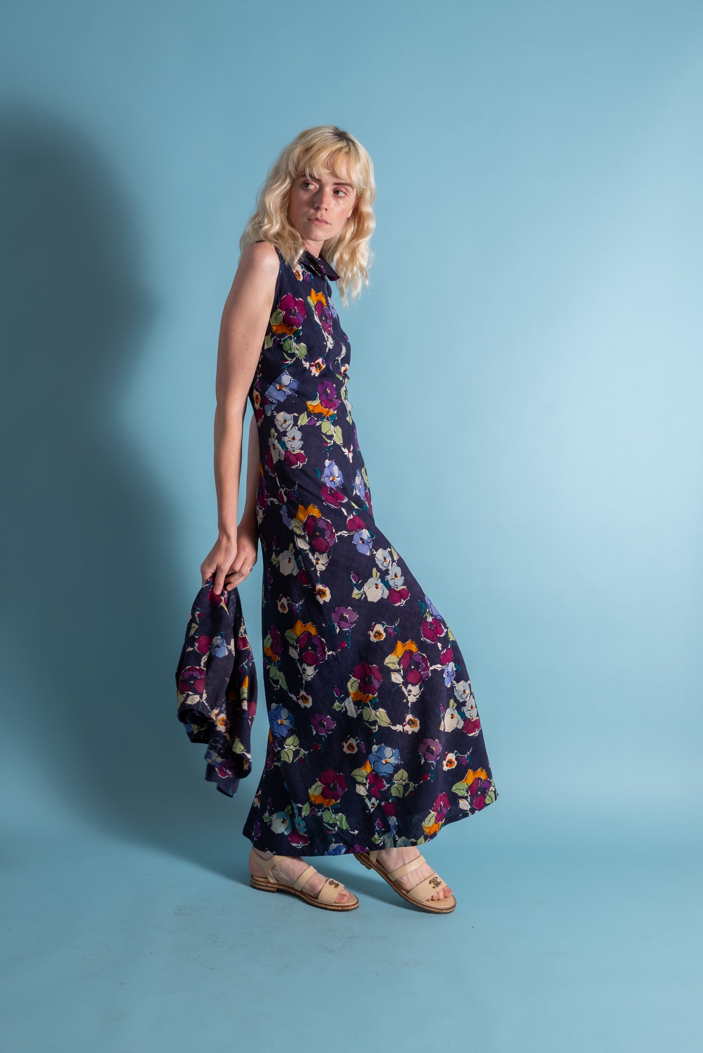 1930s Deco Floral Linen Beach Gown and Jacket [xs/sm]