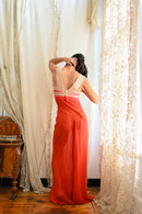 1930s Crimson Crinkle Silk Chiffon Appliqué Gown