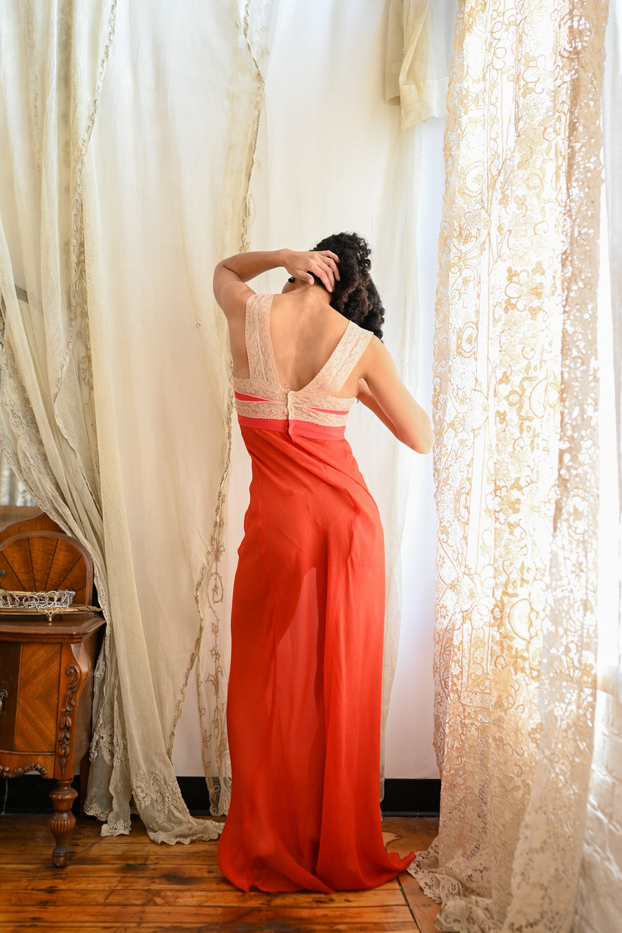 1930s Crimson Crinkle Silk Chiffon Appliqué Gown