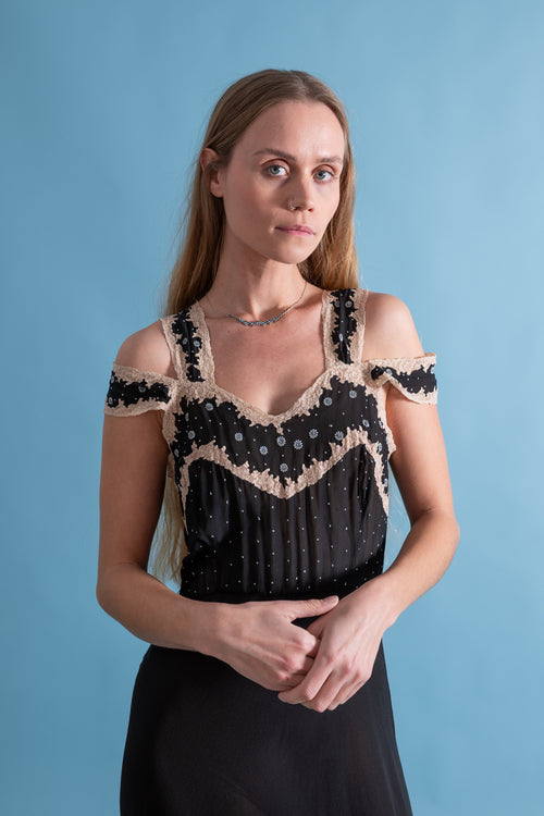 1930s Black Silk Gown with Blue Embroidery [xs/sm/med]