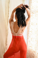 1930s Crimson Crinkle Silk Chiffon Appliqué Gown