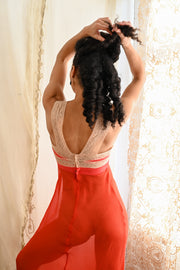 1930s Crimson Crinkle Silk Chiffon Appliqué Gown