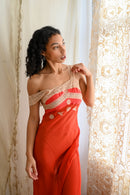 1930s Crimson Crinkle Silk Chiffon Appliqué Gown