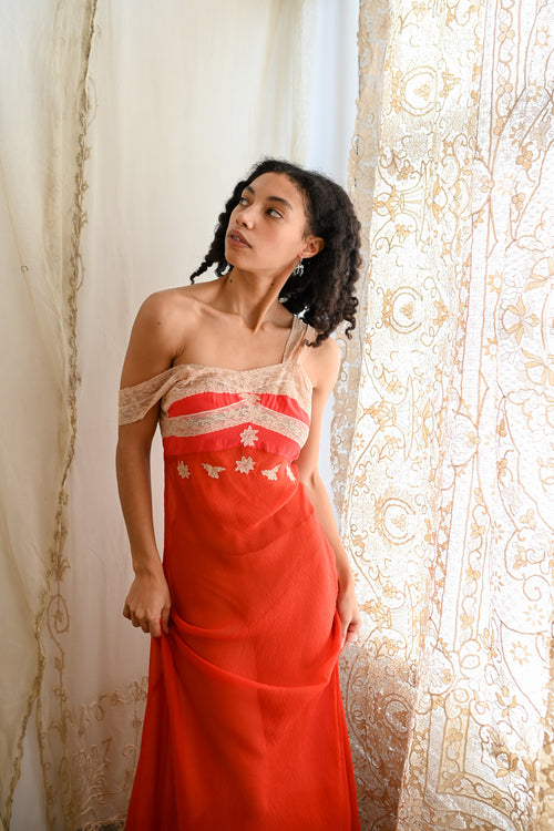 1930s Crimson Crinkle Silk Chiffon Appliqué Gown