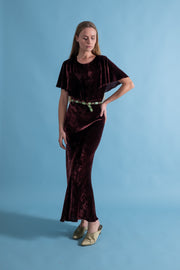 1930s Dark Burgundy Silk Velvet Capelet Gown [sm/med]