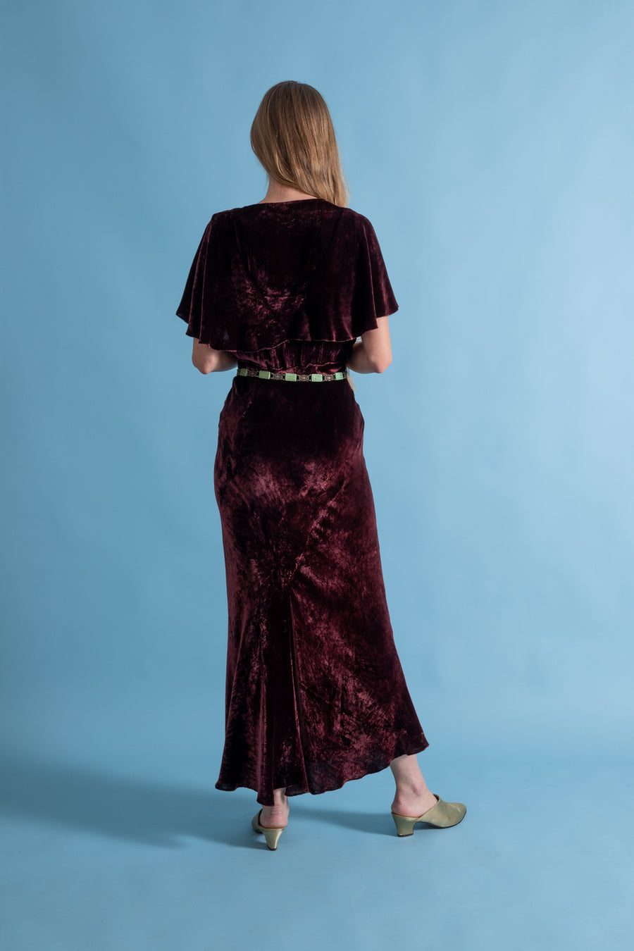 1930s Dark Burgundy Silk Velvet Capelet Gown [sm/med]