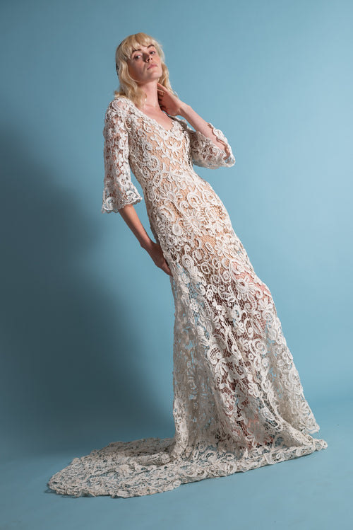 Antique Battenberg Lace Trained Bridal Gown [xs/sm]