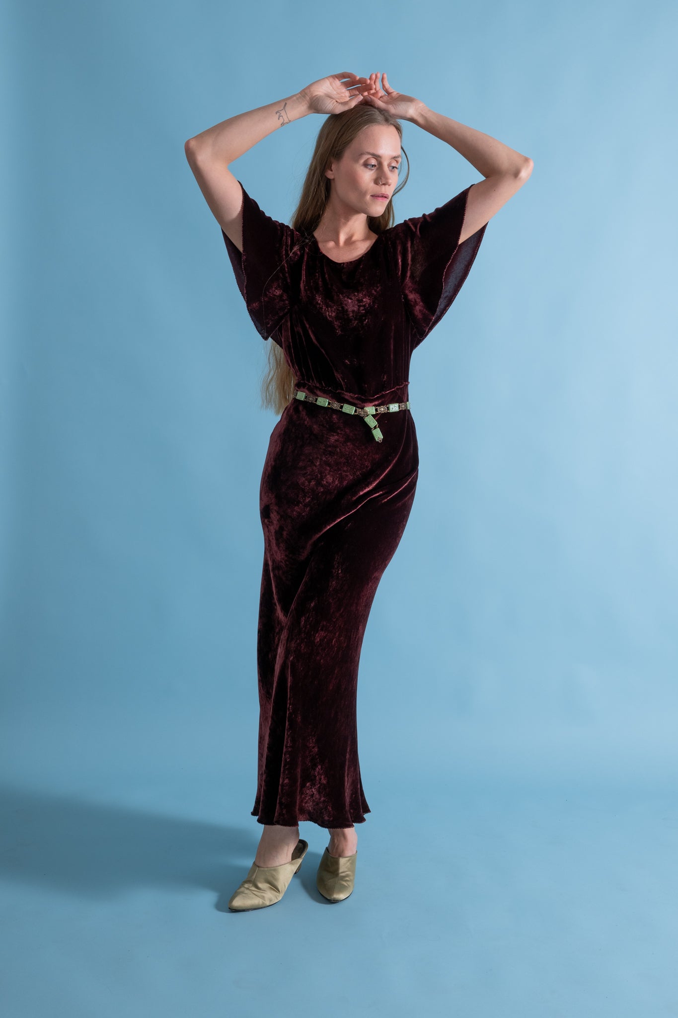 1930s Dark Burgundy Silk Velvet Capelet Gown [sm/med]