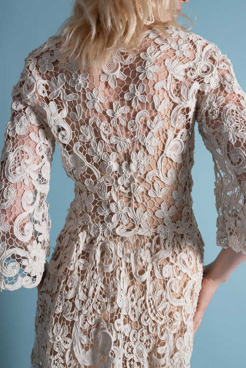 knee length dresses for ladies Antique Battenberg Lace Trained Bridal Gown [xs/sm] – Demetra Vintage