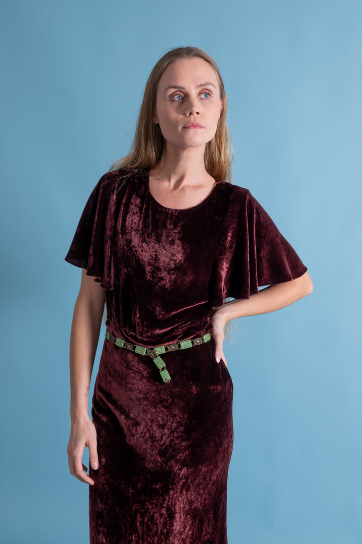 1930s Dark Burgundy Silk Velvet Capelet Gown [sm/med]