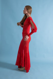 1930s Scarlet Crochet Cold Shoulder Trumpet Gown [xs/sm/med]