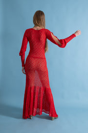 1930s Scarlet Crochet Cold Shoulder Trumpet Gown [xs/sm/med]