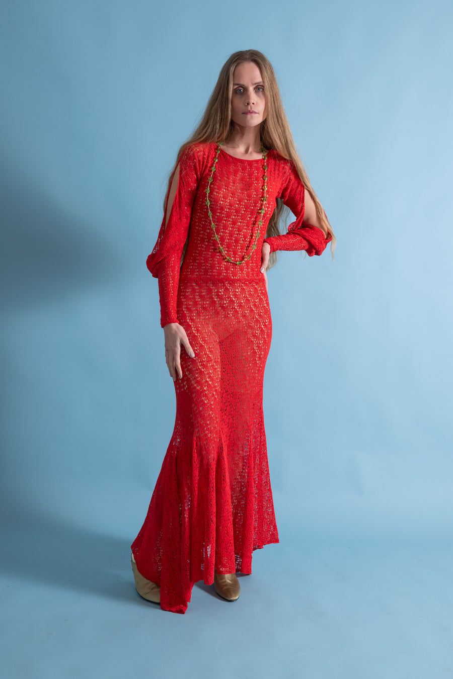 1930s Scarlet Crochet Cold Shoulder Trumpet Gown [xs/sm/med]