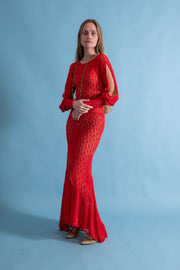 1930s Scarlet Crochet Cold Shoulder Trumpet Gown [xs/sm/med]