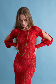 1930s Scarlet Crochet Cold Shoulder Trumpet Gown [xs/sm/med]