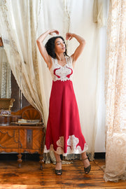 1940s Crimson Silk and Lace Appliqué Gown