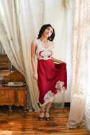 1940s Crimson Silk and Lace Appliqué Gown