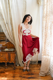 1940s Crimson Silk and Lace Appliqué Gown