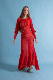 1930s Scarlet Crochet Cold Shoulder Trumpet Gown [xs/sm/med]