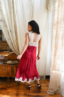 1940s Crimson Silk and Lace Appliqué Gown