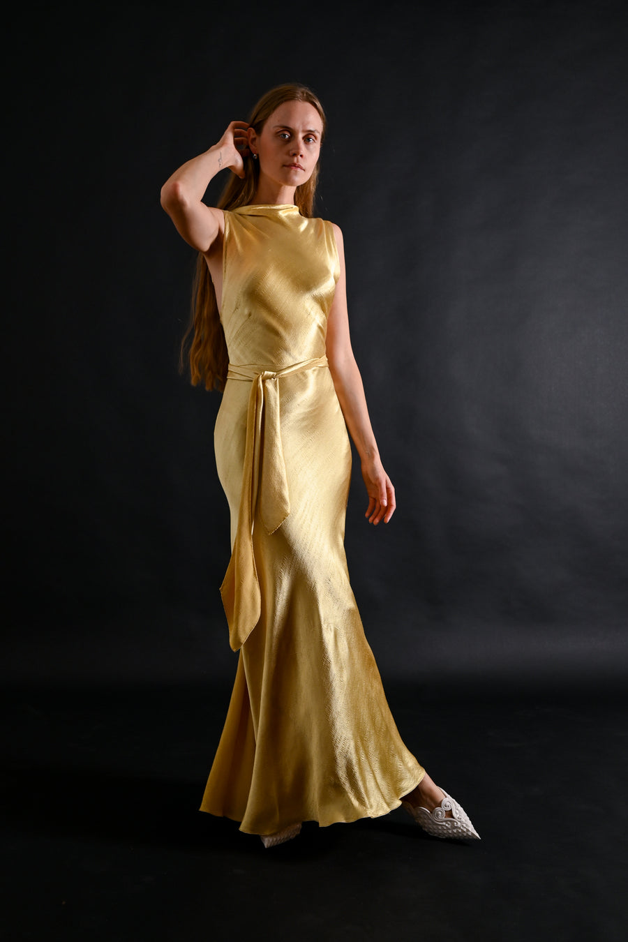 1930s Lemon Hammered Silk 3 Piece Gown Ensemble [xs/sm]