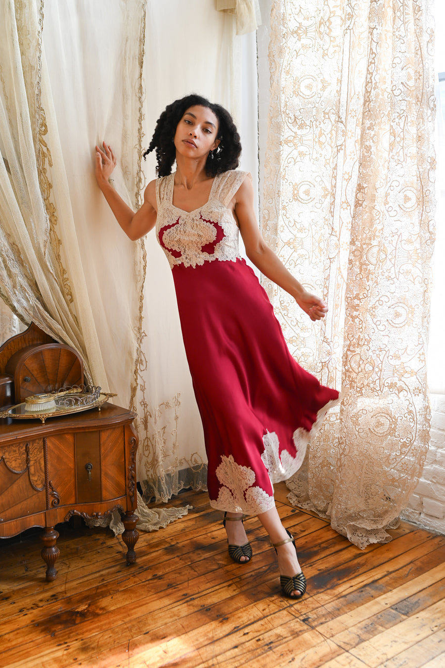 1940s Crimson Silk and Lace Appliqué Gown