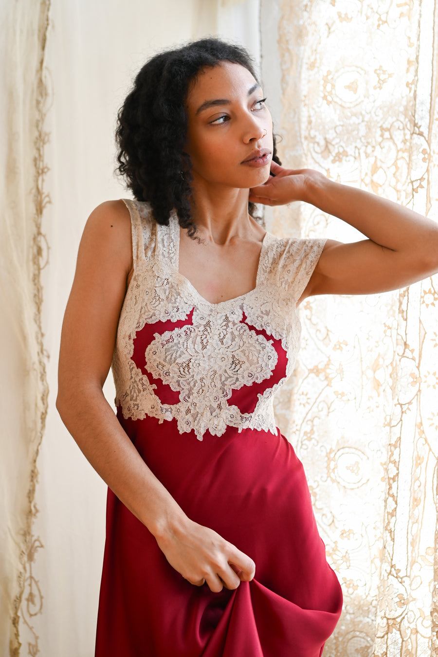 1940s Crimson Silk and Lace Appliqué Gown