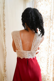 1940s Crimson Silk and Lace Appliqué Gown