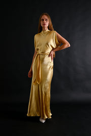 1930s Lemon Hammered Silk 3 Piece Gown Ensemble [xs/sm]