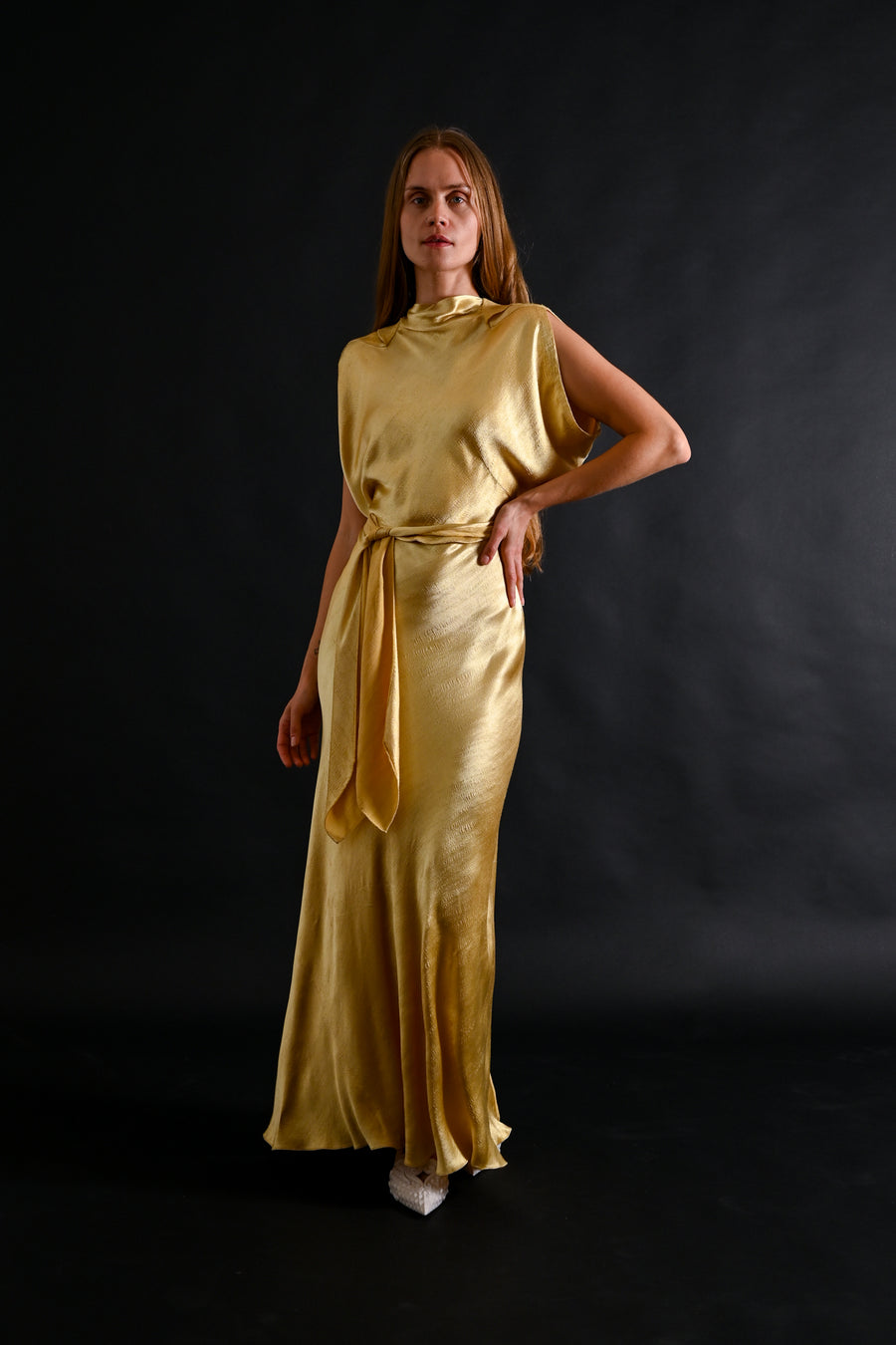 1930s Lemon Hammered Silk 3 Piece Gown Ensemble [xs/sm]