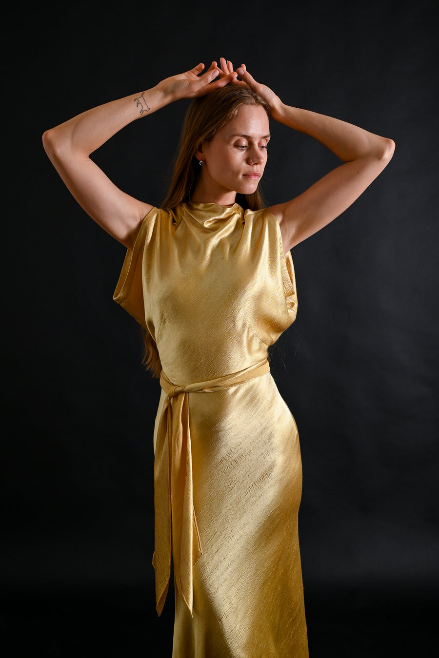 1930s Lemon Hammered Silk 3 Piece Gown Ensemble [xs/sm]