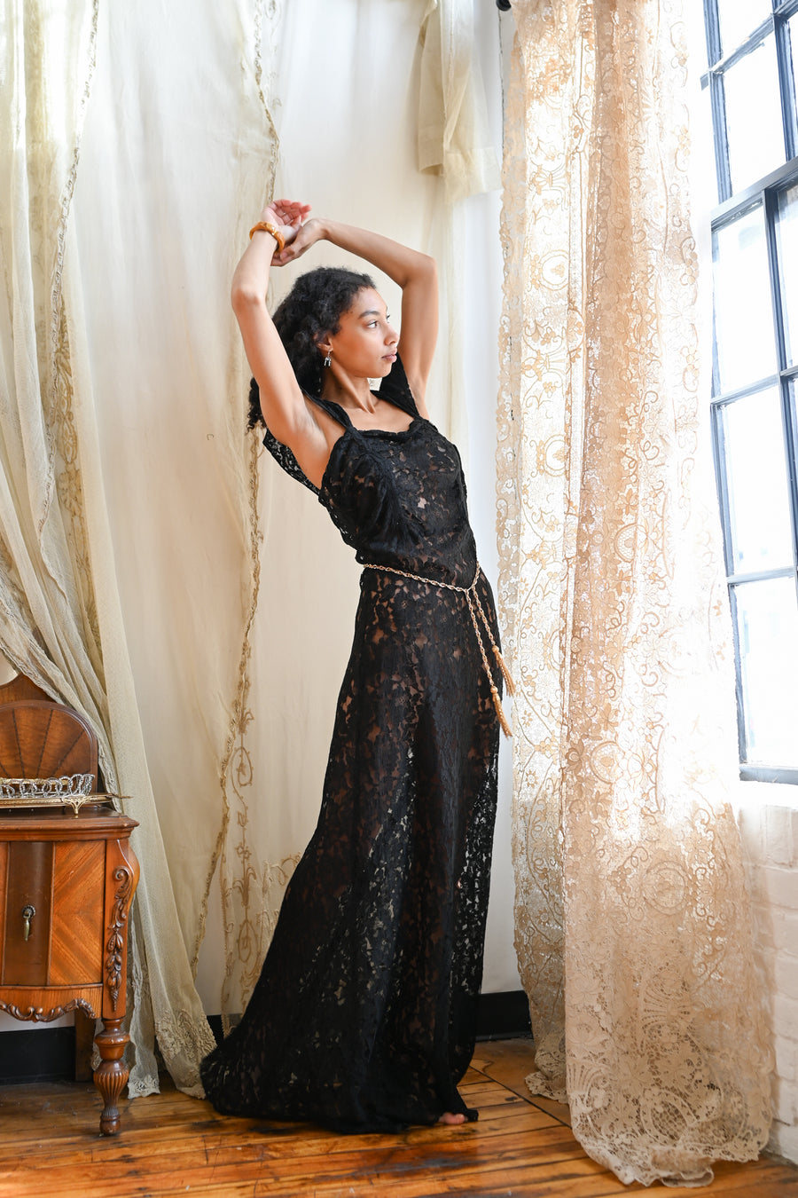 1930s Ink Lace Art Deco Gown