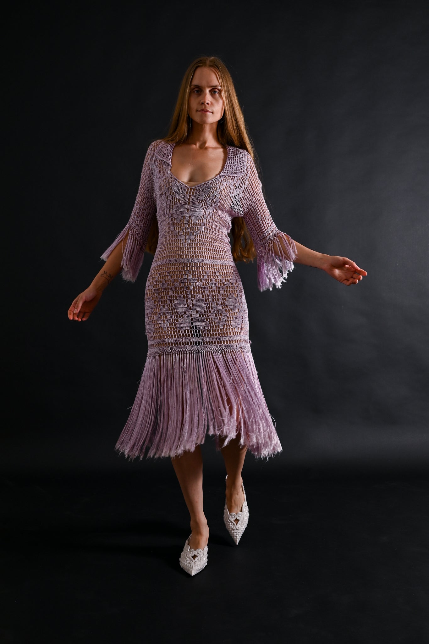 1920s Lavender Rayon Crochet Fringe Tunic [sm/med/lrg]