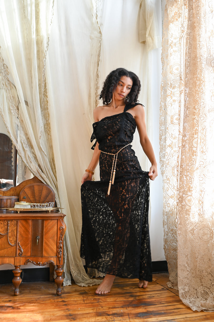 1930s Ink Lace Art Deco Gown