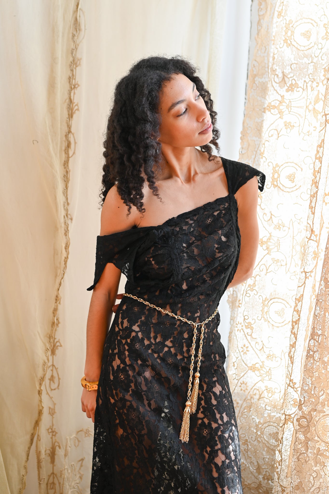 1930s Ink Lace Art Deco Gown