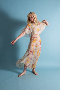 1930s Pastel Painterly Floral Silk Chiffon Gown [xs/sm]