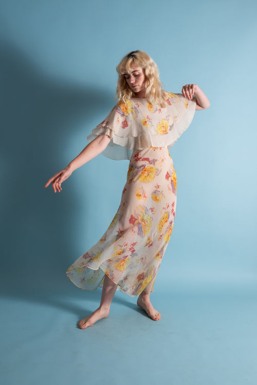 1930s Pastel Painterly Floral Silk Chiffon Gown [xs/sm]