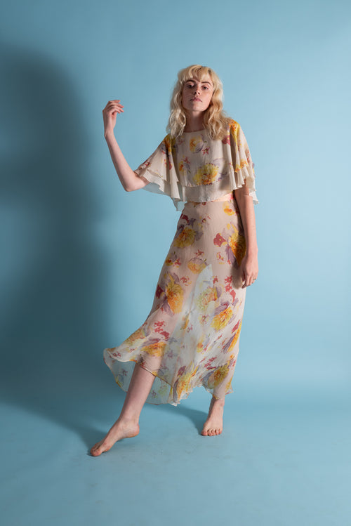 1930s Pastel Painterly Floral Silk Chiffon Gown [xs/sm]