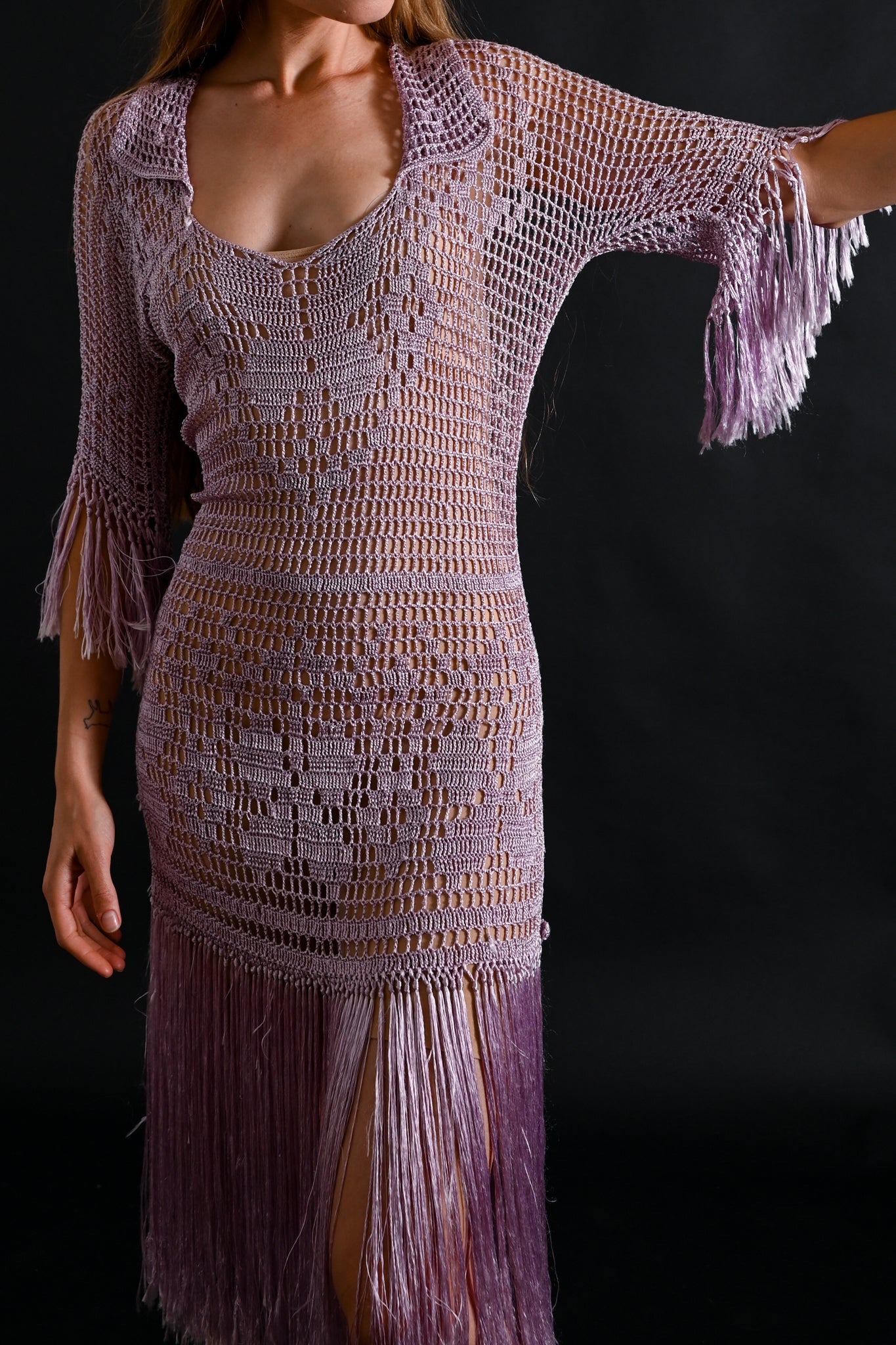 1920s Lavender Rayon Crochet Fringe Tunic [sm/med/lrg]